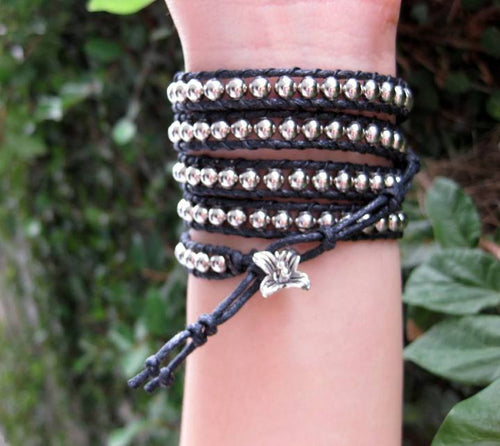 FIVE WRAP LEATHER BRACELET - THAILAND- SILVER