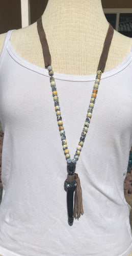 Leather and Beaded Horn Necklace (Blue)