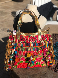 Large Flower and Pom Pom Shoulder Bag