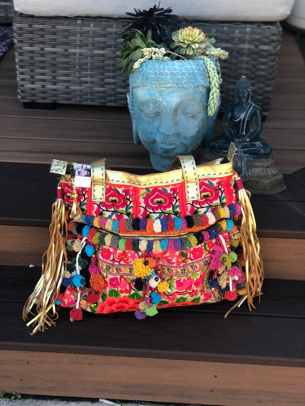 Large Flower and Pom Pom Shoulder Bag