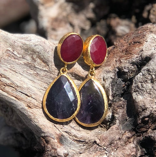 Red and Purple Cat Eye Gold Earrings